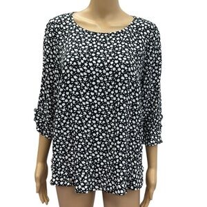 Sussan Black White Floral 3 Quarter Sleeve Textured Ruffled Blouse Top Sz 16